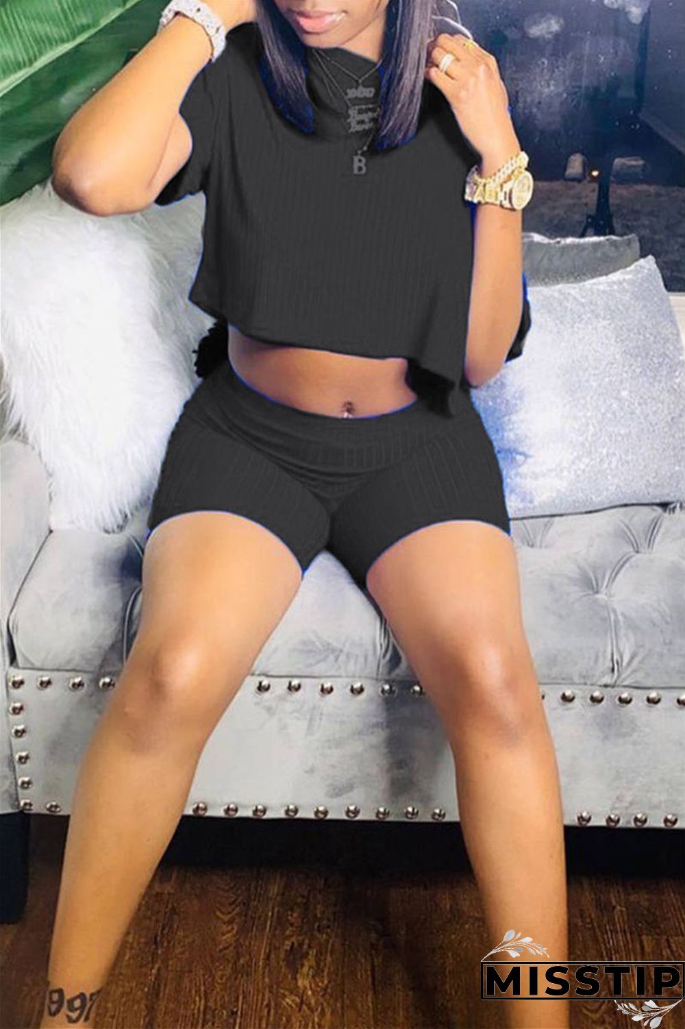 Black Fashion Casual Solid Basic O Neck Short Sleeve Two Pieces