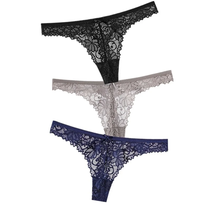 3Pcs/Lot Sexy Lace Thong Low Waist Lace Transparent Panties Women Hollow out Breathable G String Briefs Bow Underwear Lingerie