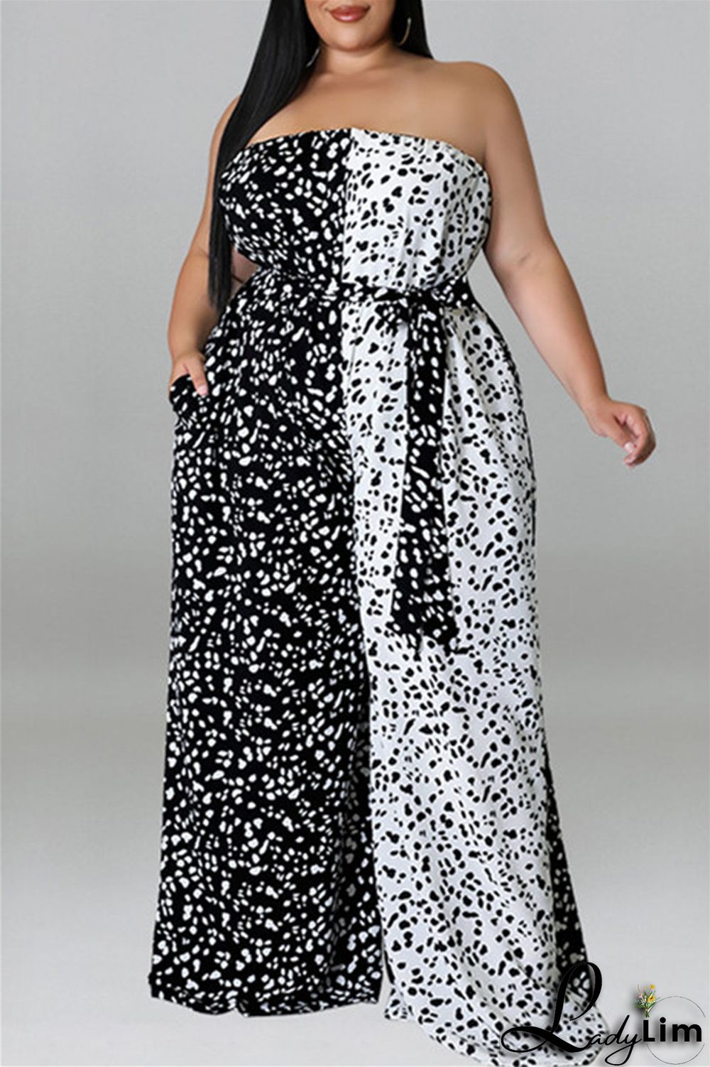 Purple Fashion Casual Print Split Joint Backless With Belt Strapless Plus Size Jumpsuits