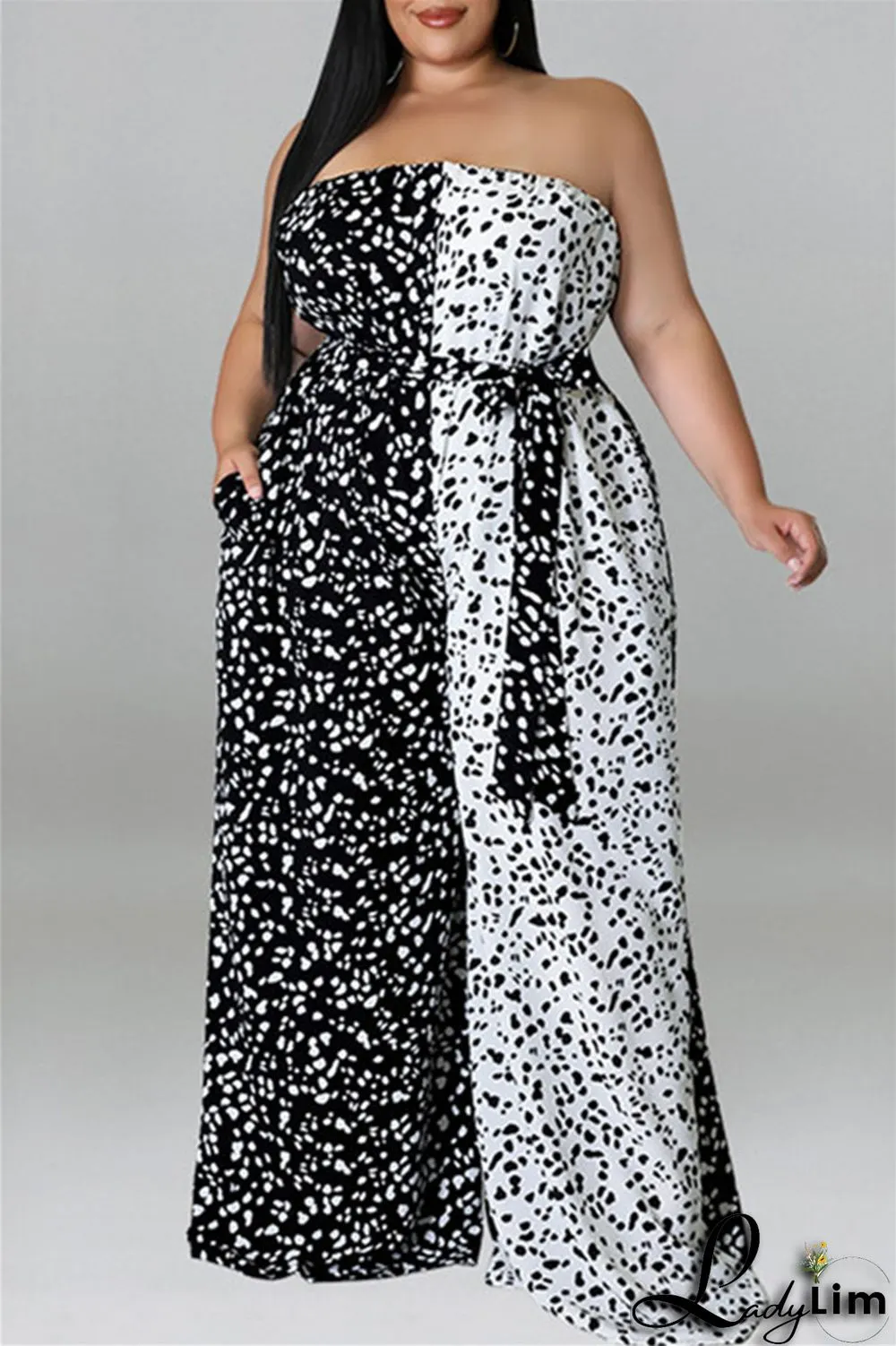 Purple Fashion Casual Print Split Joint Backless With Belt Strapless Plus Size Jumpsuits
