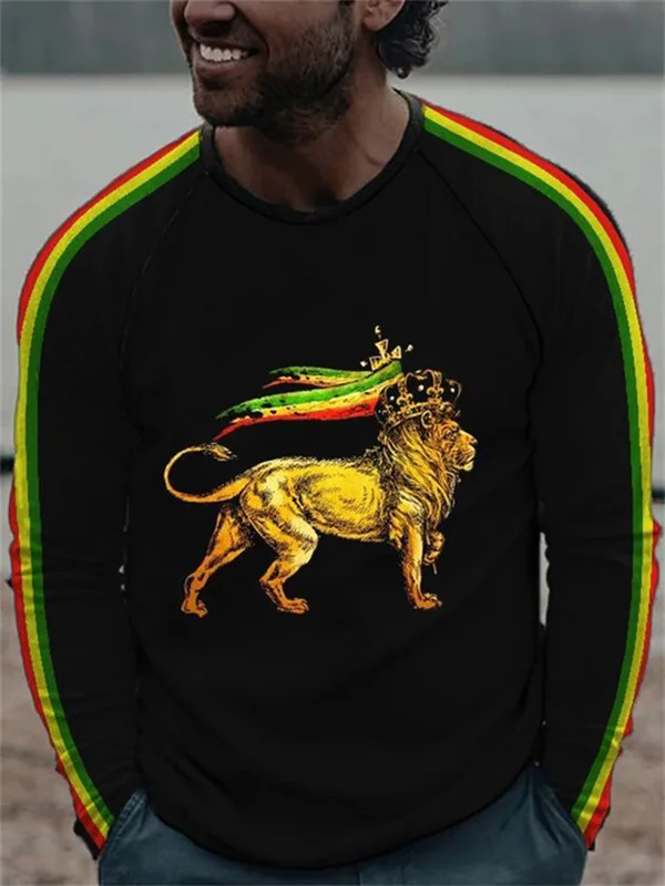 Men's Juneteenth Day Crown Lion Print Striped Trim Sweatshirt
