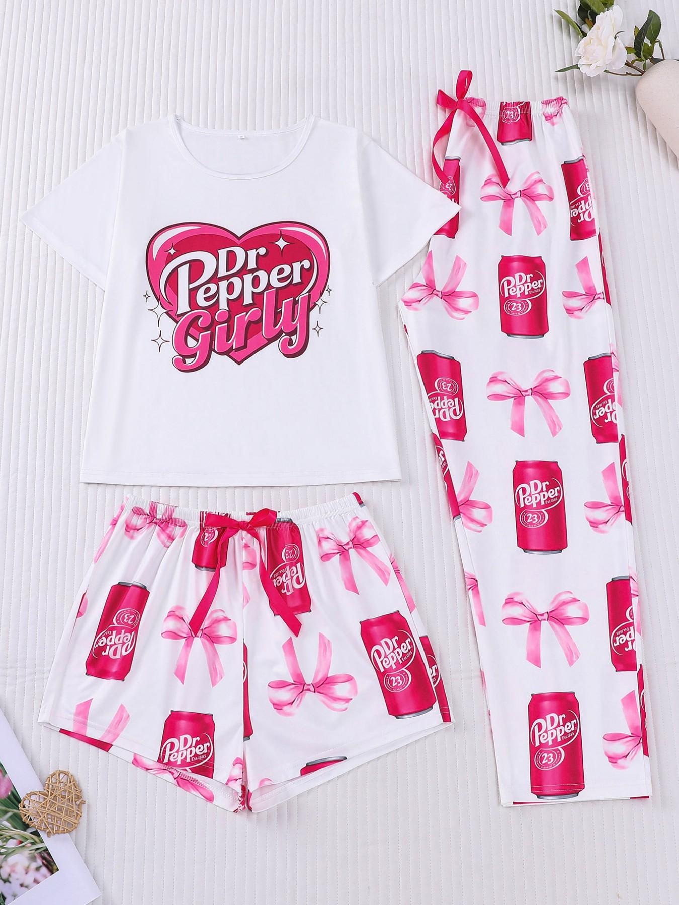 3-Piece Casual Sleepwear Set Pajamas Loungewear for Women Lady with Bow Print, Soft Fabric Button-Up Shirt and Loose Elastic Shorts and Pants, Stylish Comfortable Daily Wear Pjs