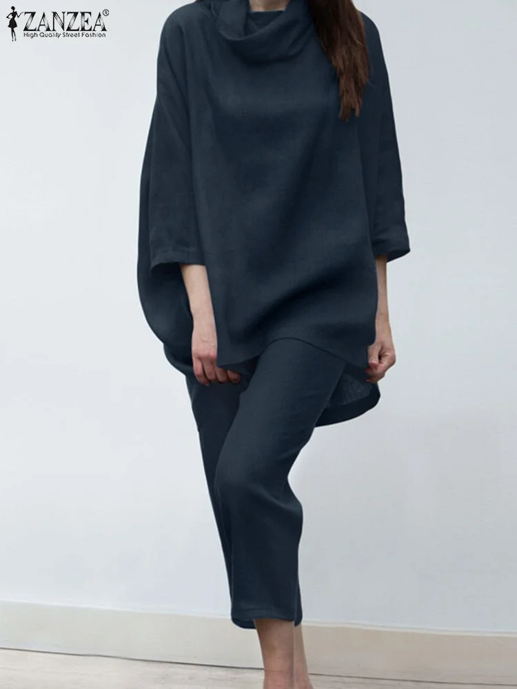 ZANZEA 2pcs Women Trouser Suits Spring Fashion Solid Urban Tracksuit Matching Sets Trutleneck 3/4 Sleeve Blouse Harem Pants Sets