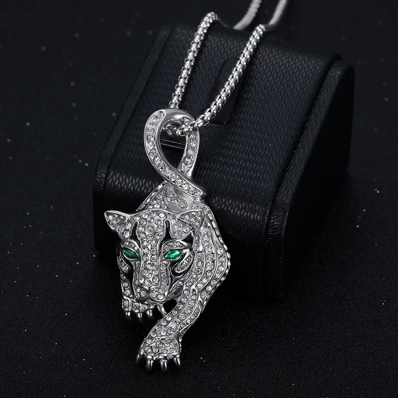 Hip-Hop Jaguar Titanium Steel Enamel Plating Rhinestones 18K Gold Plated Men’s