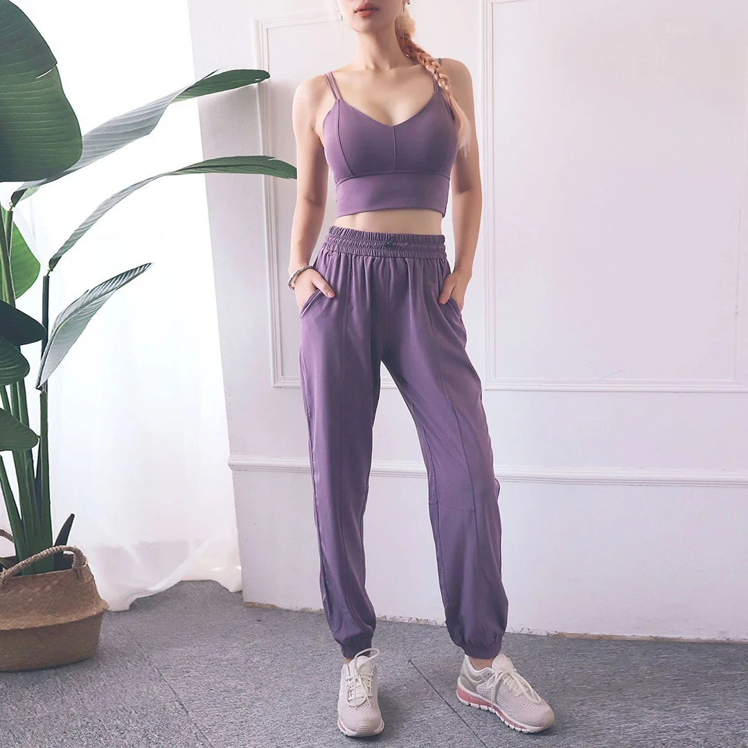 Solid color thin suspender sports bra + Joggy Pants two-piece