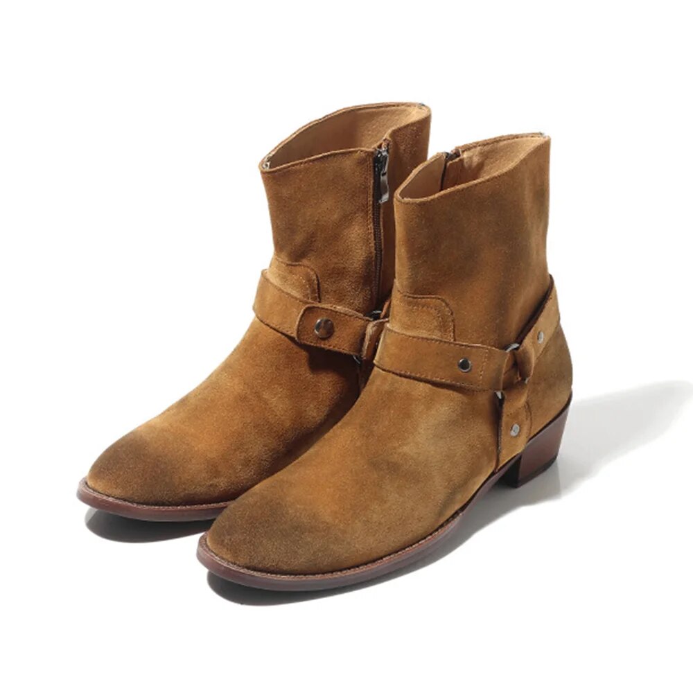 VCSHOES Men's Boots Brown Leather Ankle Boots Suede Buckle Boots Men Botas Motorcycle/Biking Footwear 38-44