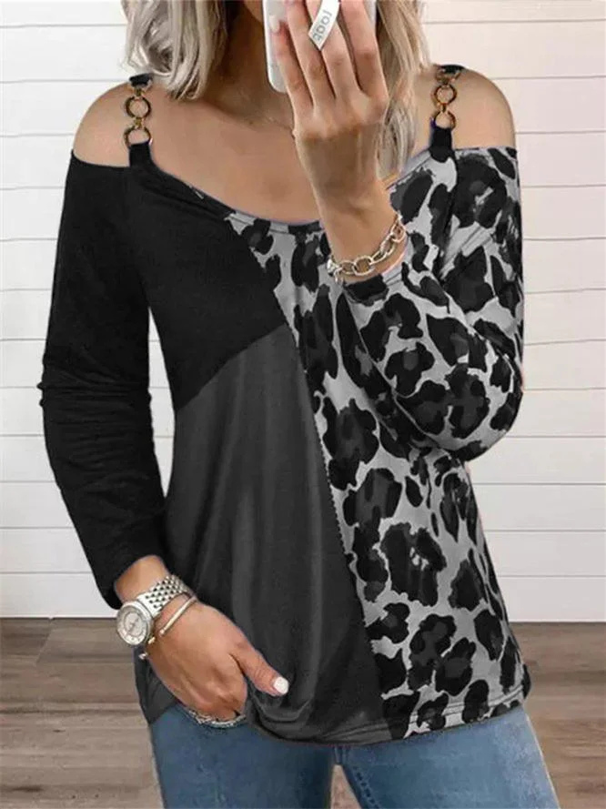 Women's Long Sleeve Off-shoulder Colorblock Leopard Graphic Printed Top