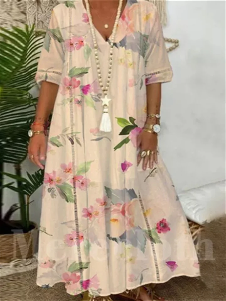 Spring and Summer New V-neck Mid-sleeve Urban Casual Women's Long Dress Printed Elegant Commuter Style Dress S,M,L,XL,XXL