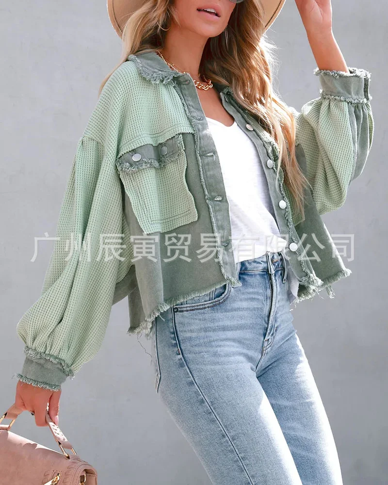 Toloer The Ins New Autumn / Winter Ladies Cotton Waffle Denim Patchwork Niche Loose Jacket Jacket-Outfit Ideas