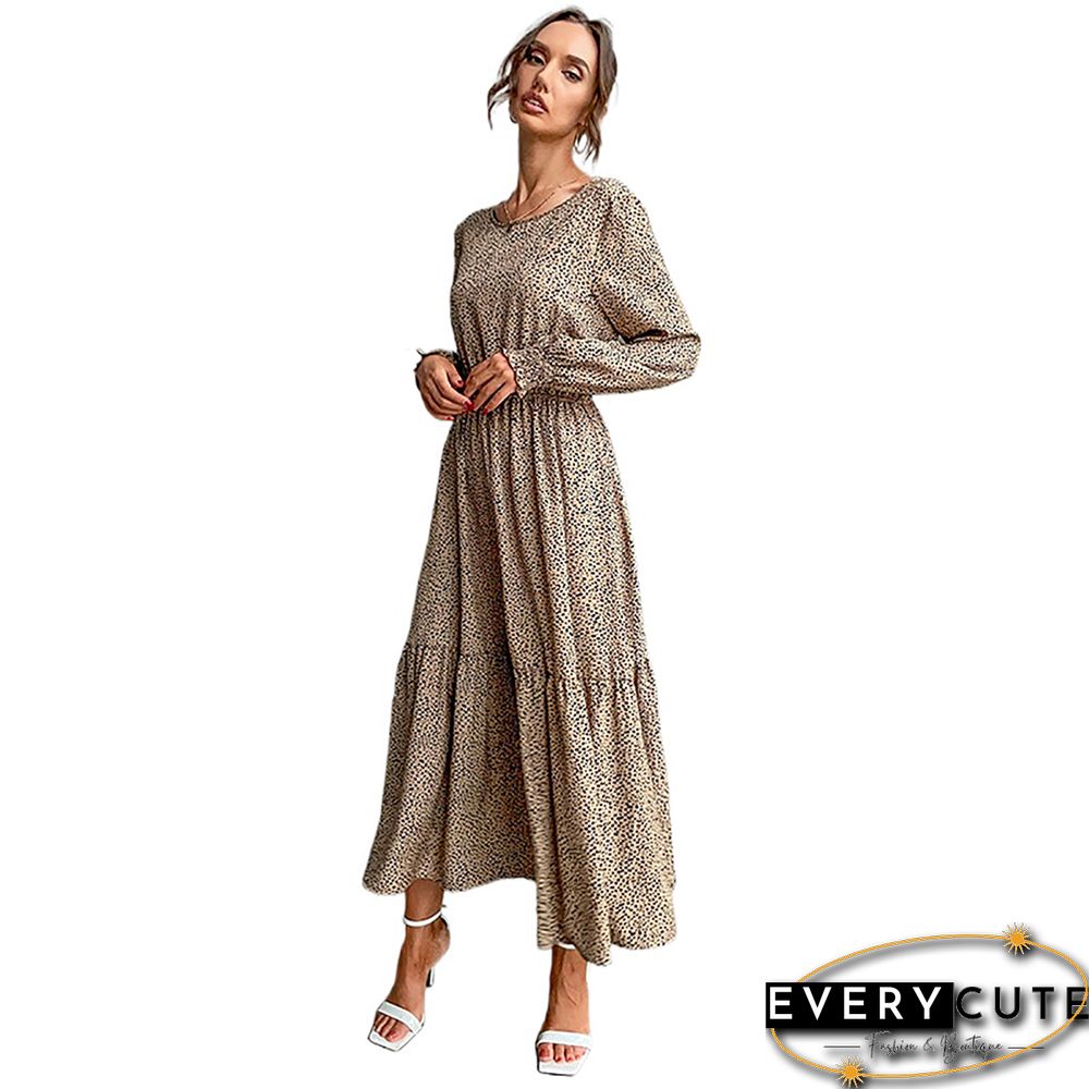 Khaki Leopard Ruffle Detail Long Sleeve Maxi Dress