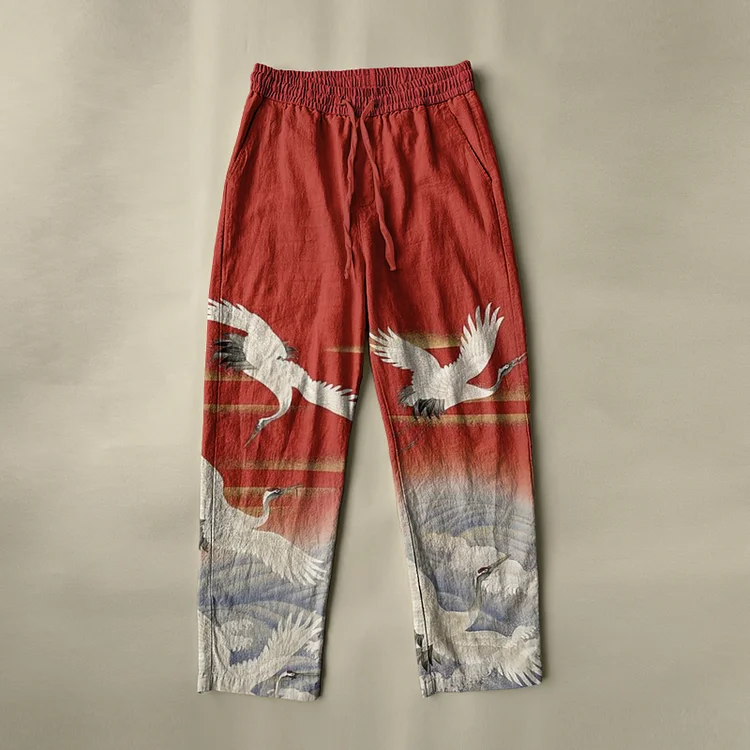 Comstylish Men's Japanese Art Crane Linen Blend Casual Pocket Pants