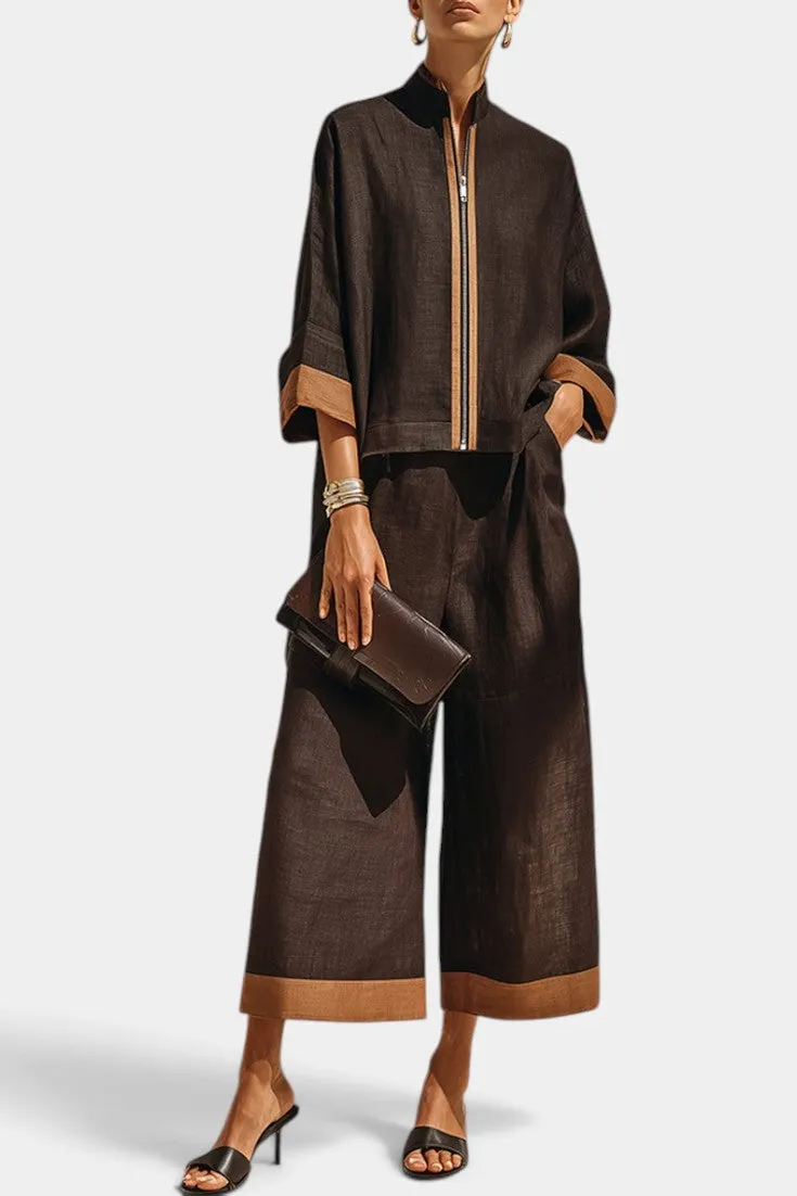 Stand Collar Zip Jacket & Wide Leg Trousers Set