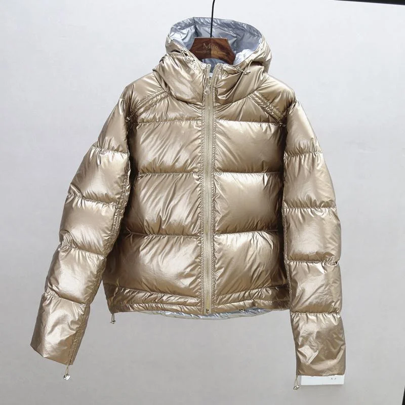 FTLZZ Winter Jacket White Duck Down Parkas Women Gold Silver Double Side Coat Big Aritificial Fur Hooded Female Down Oversize