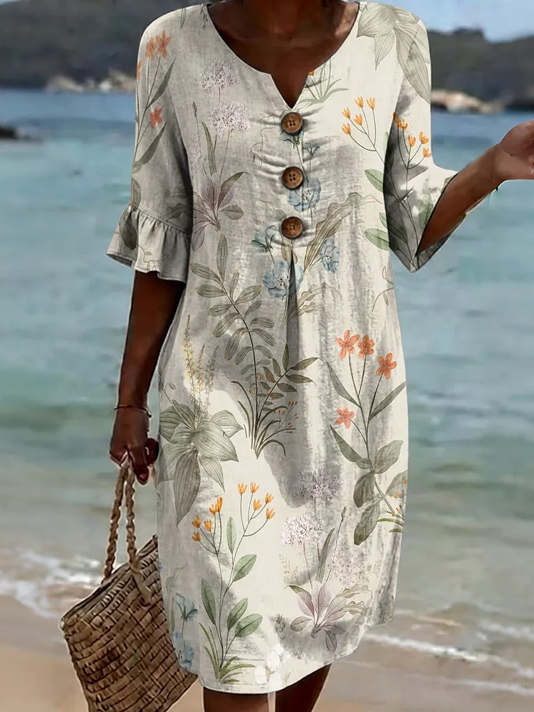 Retro Floral Decorative Pattern Women's Polo Collar 100%cotton Dress