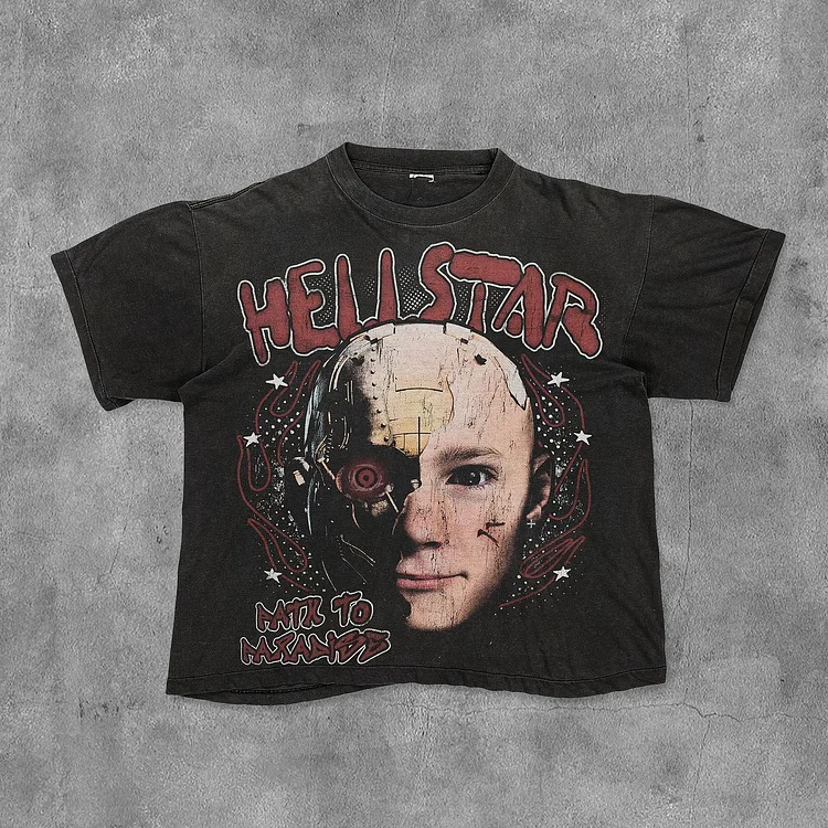 Retro HellStar Portrait Graffiti Print Casual Cotton Short Sleeve T-Shirt