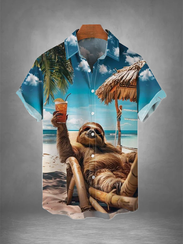 Men's The Sloth Lay On The Chair Drinking Juice Vacation Print Casual Shirt
