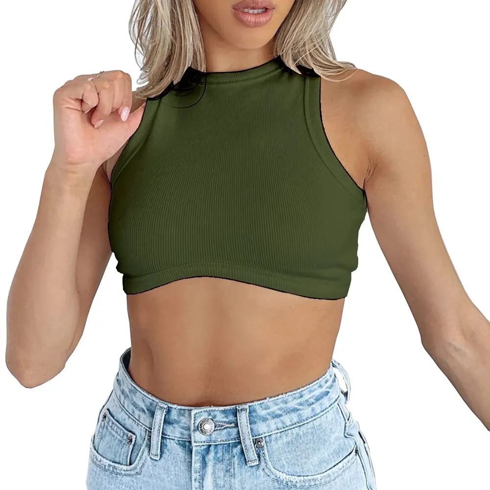 Uveng Uveng Women's New Women's Sexy Sleeveless Round Neck Rib Knit Vest Crop Top