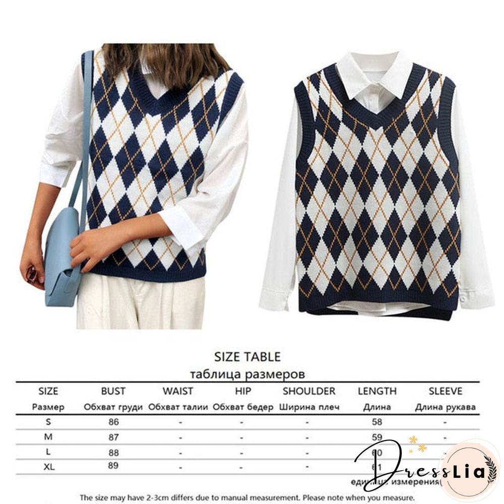 V Neck Vintage Argyle Sweater Vest Women Black Sleeveless Plaid Knitted Crop Sweaters Casual Autumn Preppy Style tops