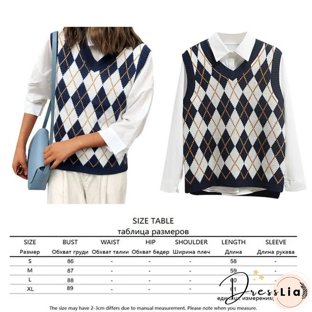 V Neck Vintage Argyle Sweater Vest Women Black Sleeveless Plaid Knitted Crop Sweaters Casual Autumn Preppy Style tops