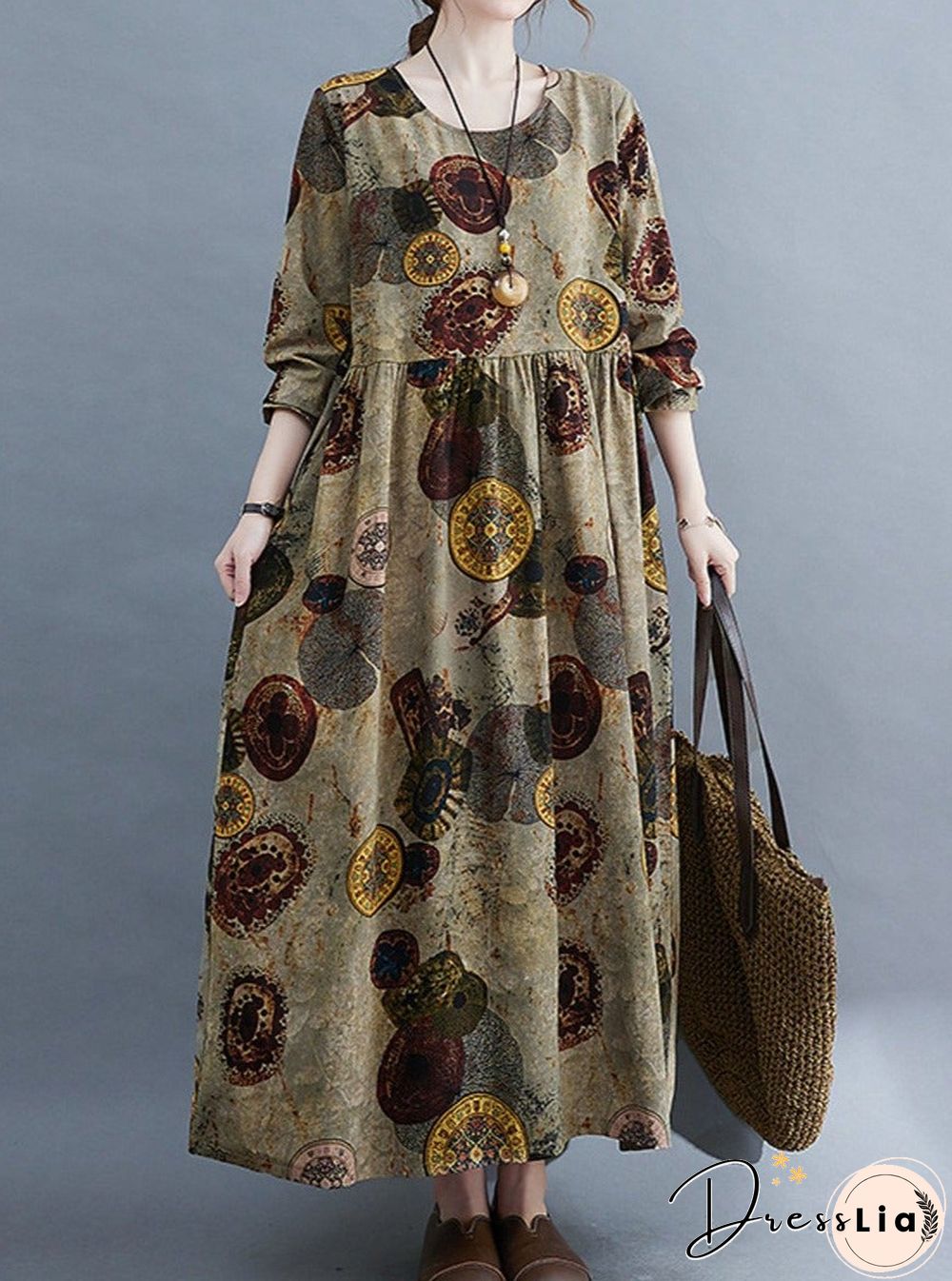 Vintage Print Loose Round Neck Long Sleeve Dress