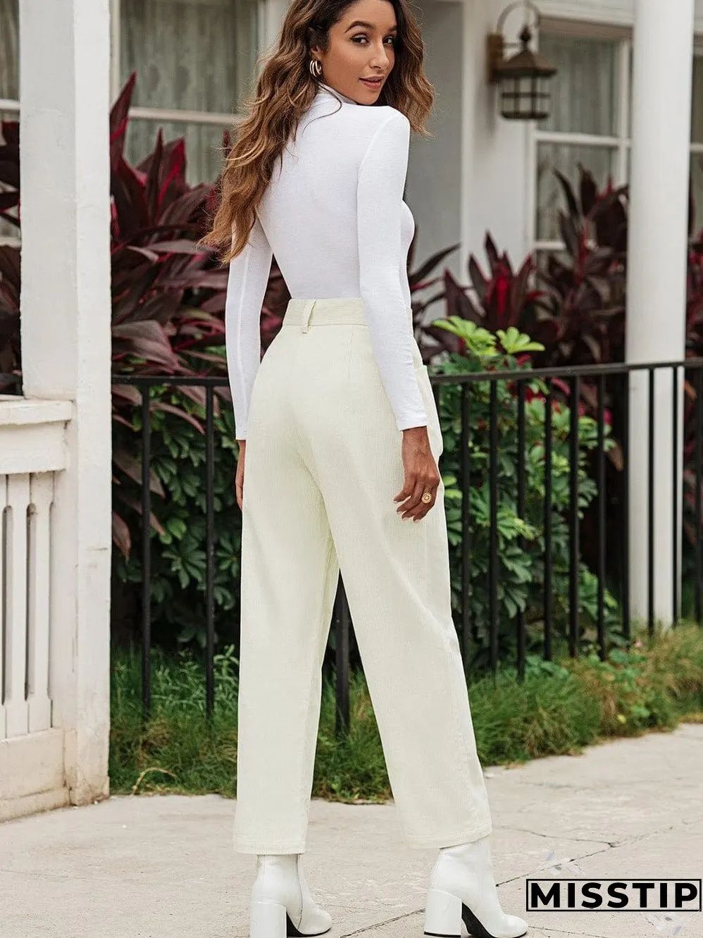 Beige Corduroy High Waist Trousers for Winter Casual Wear