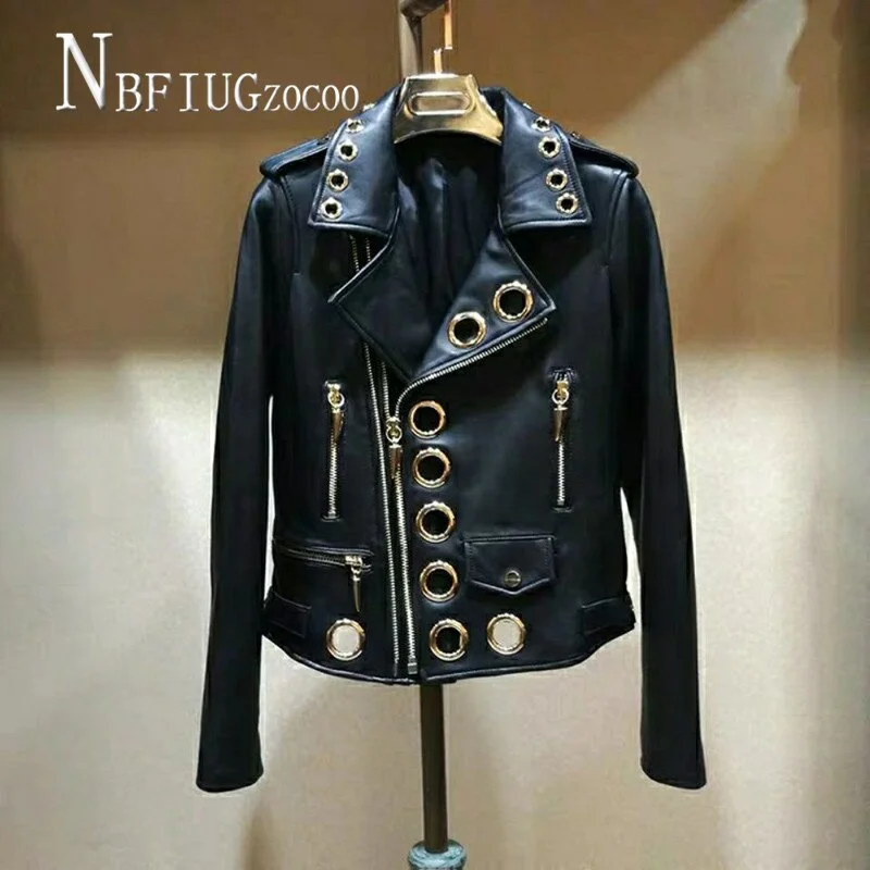 Zipper Lapel Metal Hole Women Pu Leather Coat Short Style Long Sleeve Female Jacket