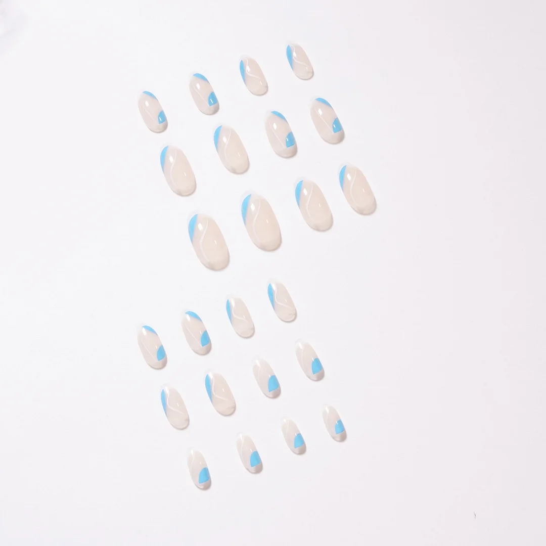 24Pcs/Set Blue French Style Line Design False Nail French Full Cover Fake Nails Glue DIY Manicure Nail Art Tools-Nail Inspo