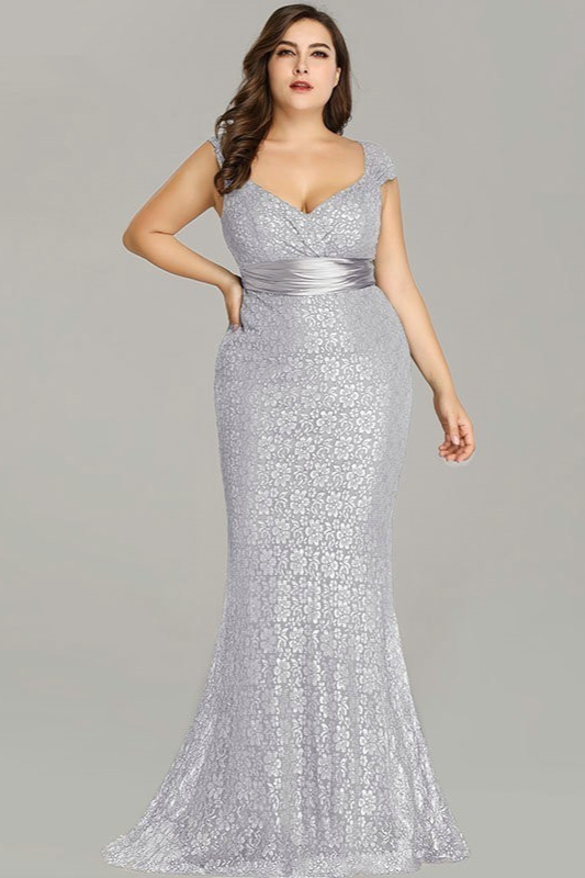 silver lace mermaid plus size prom dress