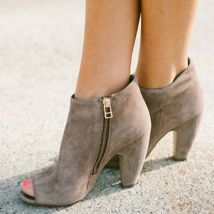 Taupe Boots Vegan Suede Peep Toe Chunky Heel Retro Ankle Boots |FSJ Shoes