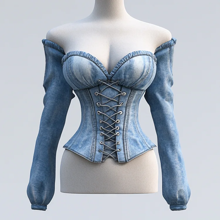Ursime Off The Shoulder Long Sleeve Lace Up Denim Blouse