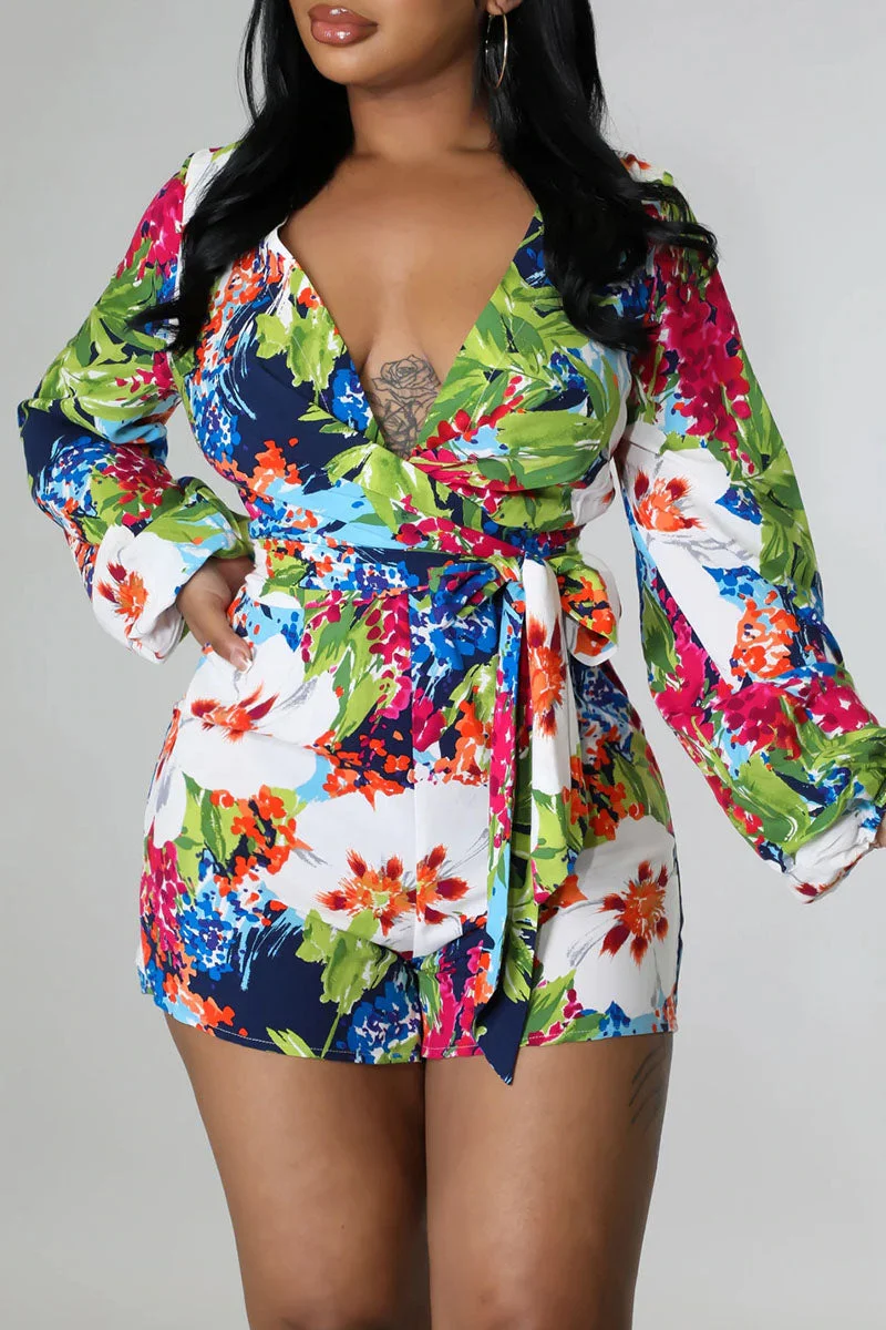 Simplicity Print Split Joint V Neck Straight Jumpsuits