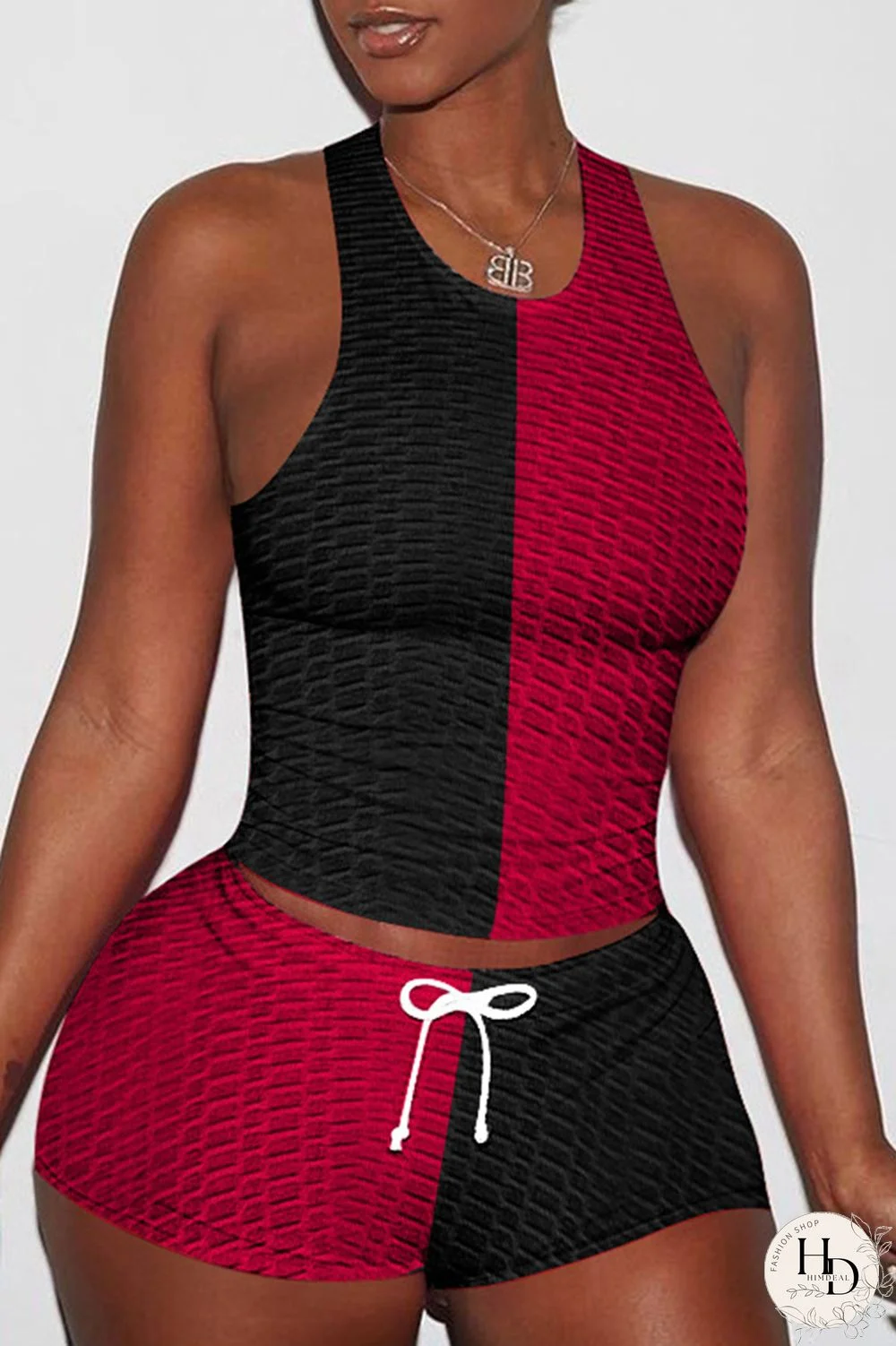 Black Red Casual Sportswear Patchwork Basic O Neck Sleeveless Two Pieces