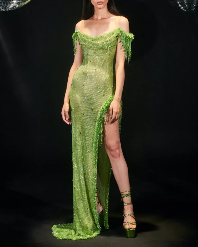 Women's Off-the-shoulder Slit Tassel Sequin Dress