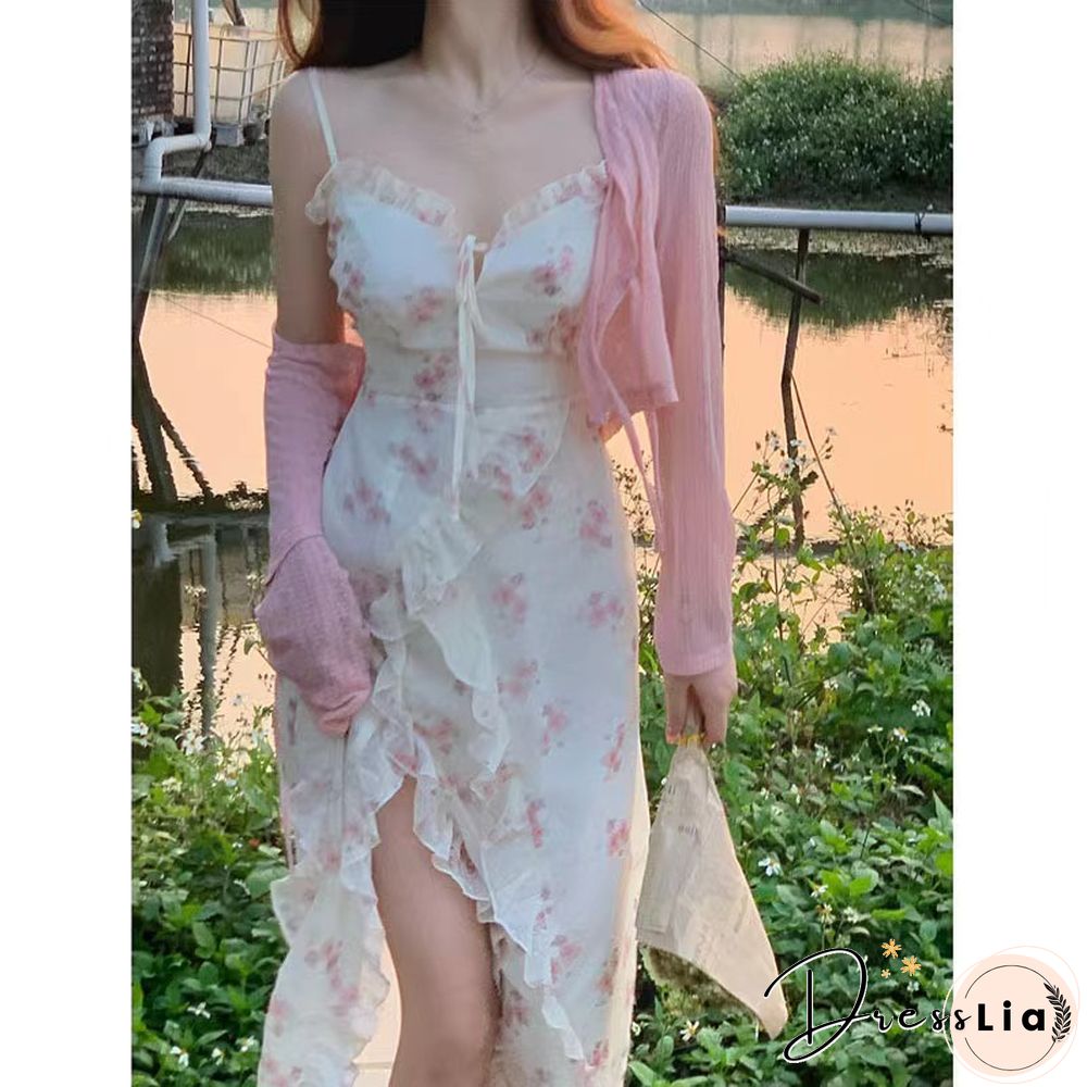 Summer Floral Sleeveless Midi Dress Elegant Sexy French Vintage Strap Dresses Woman Party One Piece Korean Fashion Robe Y2K