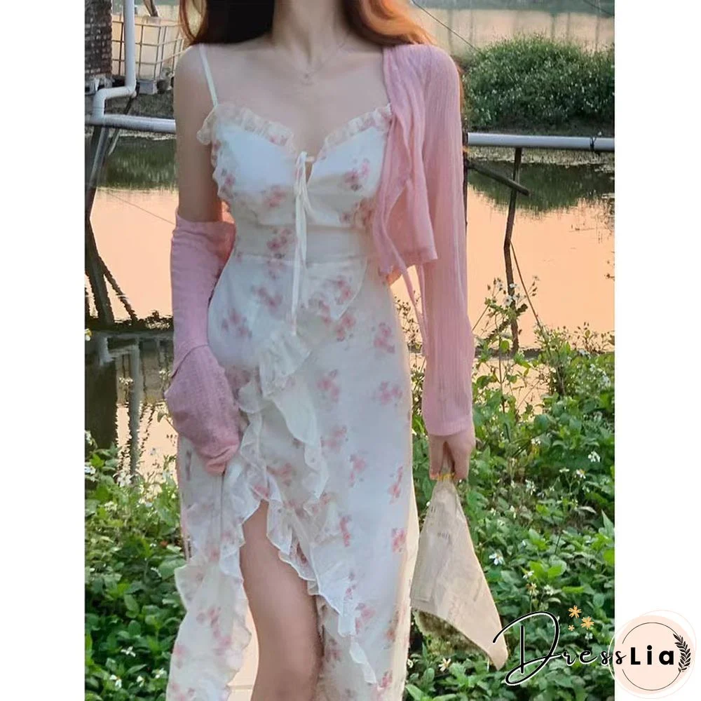 Summer Floral Sleeveless Midi Dress Elegant Sexy French Vintage Strap Dresses Woman Party One Piece Korean Fashion Robe Y2K