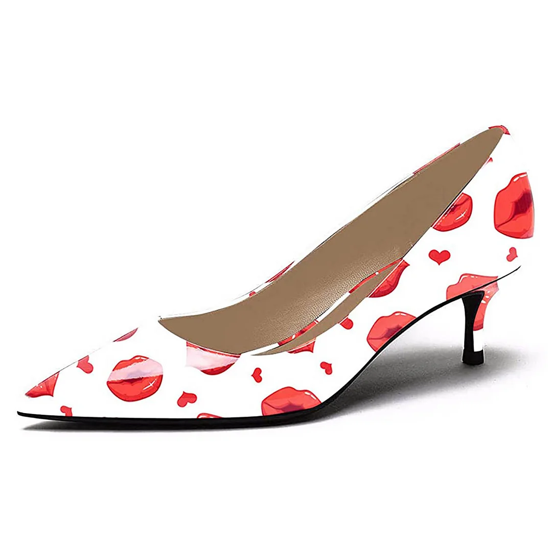 Red & White Patent Leather Pointed Toe Heels with Kiss Print