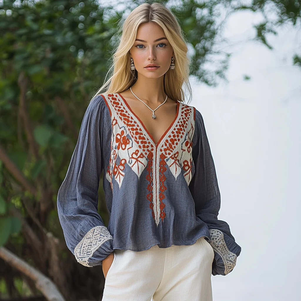 Bohemian Ethnic Pattern Linen Casual Long Sleeve Top