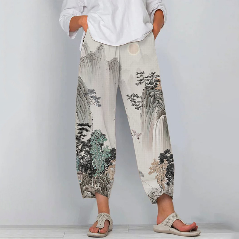 Comstylish Vintage Floral Mountain Crane Print Casual Pants