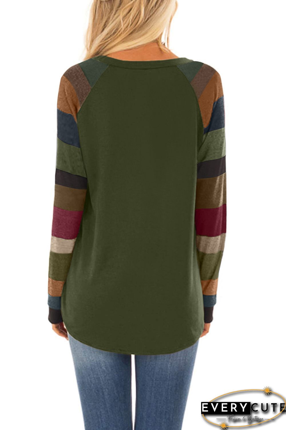 Green Color Block Striped Twisted Knot Long Sleeve Top