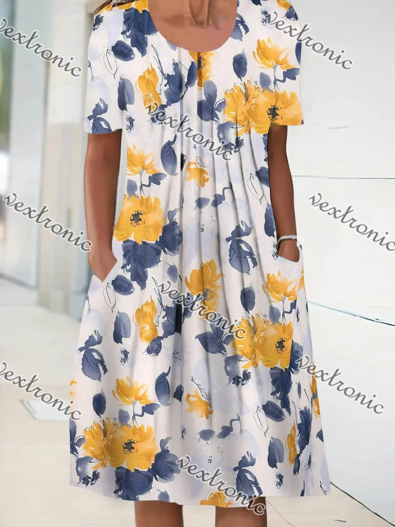 Women's Short Sleeve Scoop Neck Floral Printed Graphic Midi Dress