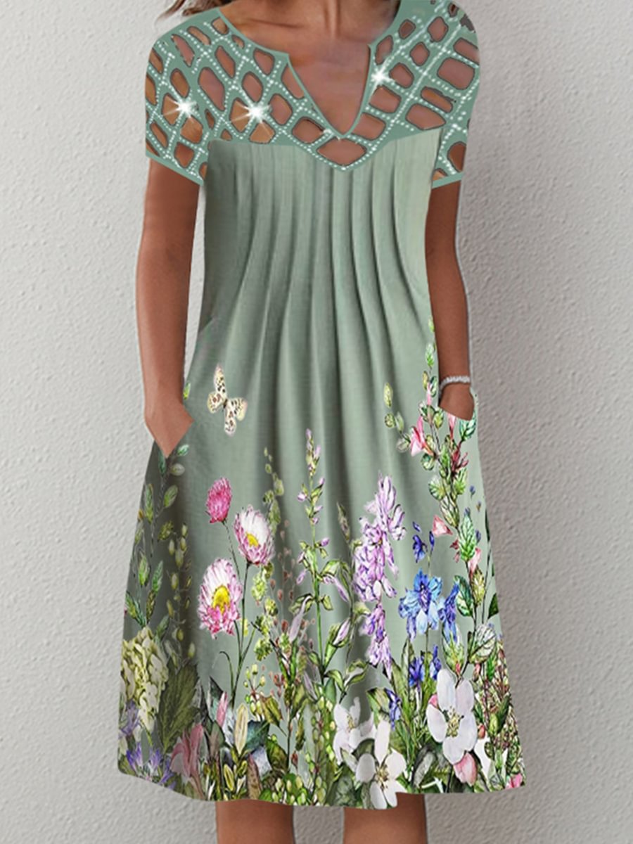 Casual Floral Printed V-neck Mid-length Dress