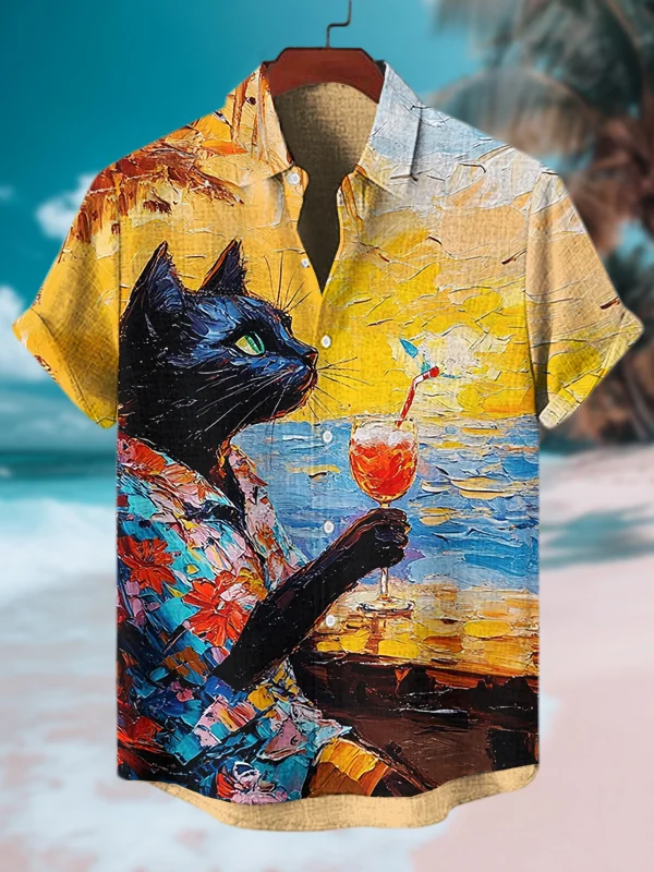 Men's Black Cat Drinking Cocktail In The Ocean Art Print Casual Shirt
