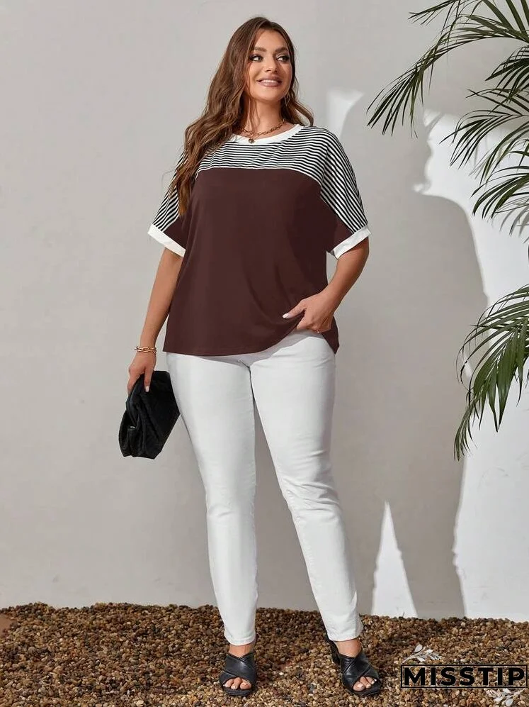 Plus Size Women's Striped Pattern Batwing Sleeve T-Shirt For Spring