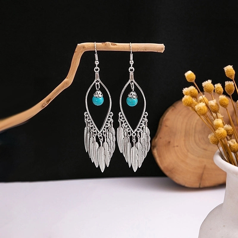 Bohemian Blue Turquoise National Style Earrings Imitation Miao Silver Metal Earrings Vintage Tassel Earrings