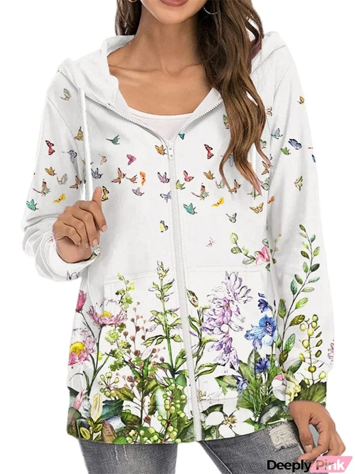 Casual Printed Zipper Long Sleeve Hoodies