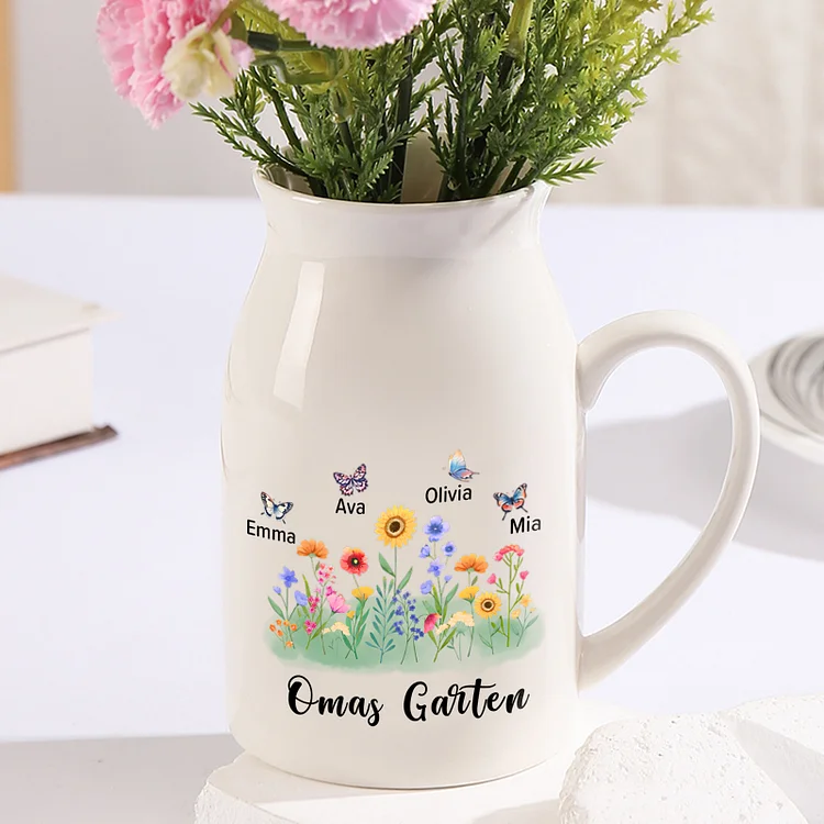 Kettenmachen Personalisierte 4 Namen & Text Blumen & Schmetterling Familie Vase