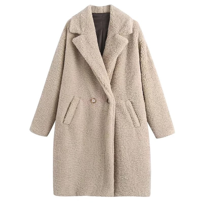 Aachoae Winter 2021 Women Solid Lamb Fur Coat Long Sleeve Casual Fleece Jacket Turn Down Collar Long Teddy Coat Outerwear