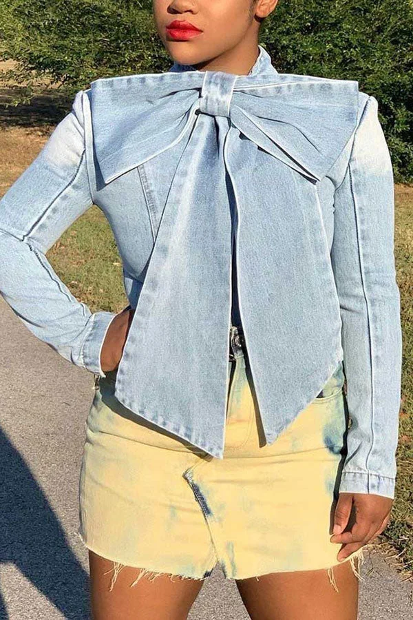 Solid Color Pussy Bow Sweet Denim Blouse