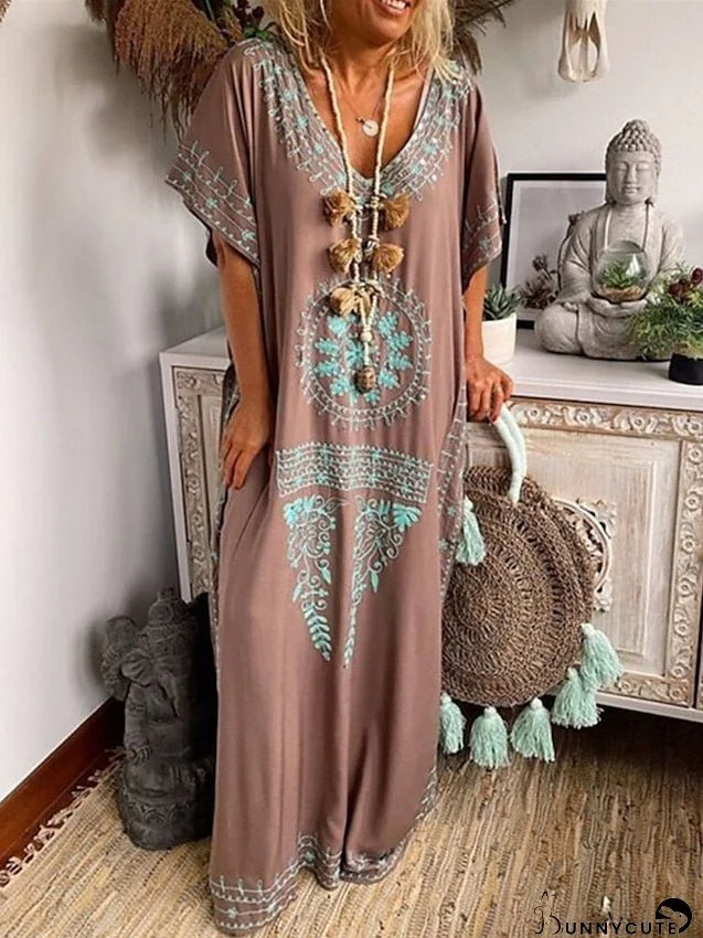 Long Dress Maxi Dress Casual Dress T Shirt Dress Tee Dress Boho Dress Floral Fashion Bohemian Outdoor Daily Vacation Print Short Sleeve V Neck Dress Loose Fit Sky Blue Khaki Gray Spring Summer for Women