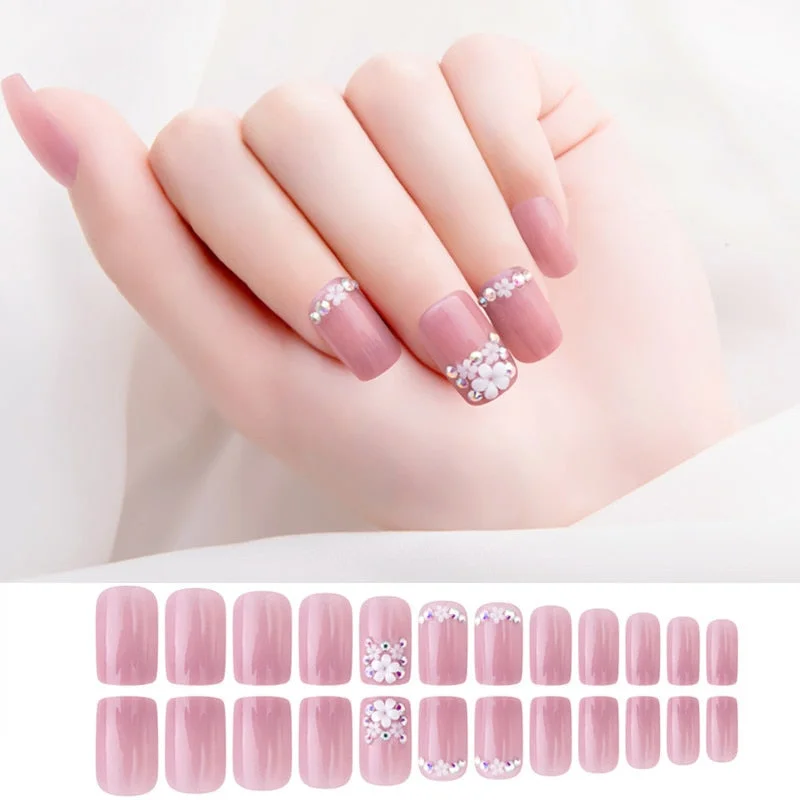24Pcs/box Full Cover Short round press on nails Pink Dripping Shape Heart Bride nail tips Wearable Fake Nail with Glue for girls-Nail Inspo